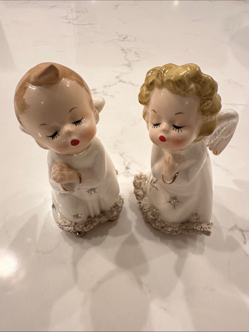 Ceramic Kissing Angels Girl and Boy Pair